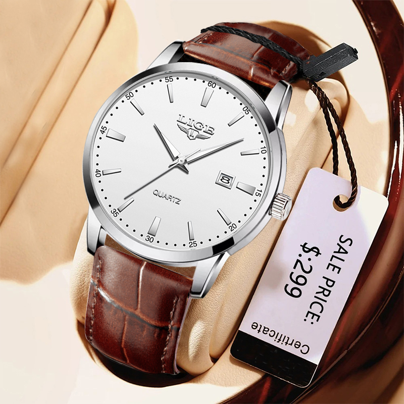 Leather Watch Band Men - LIGE 남자 시계 패션 가죽 스트랩